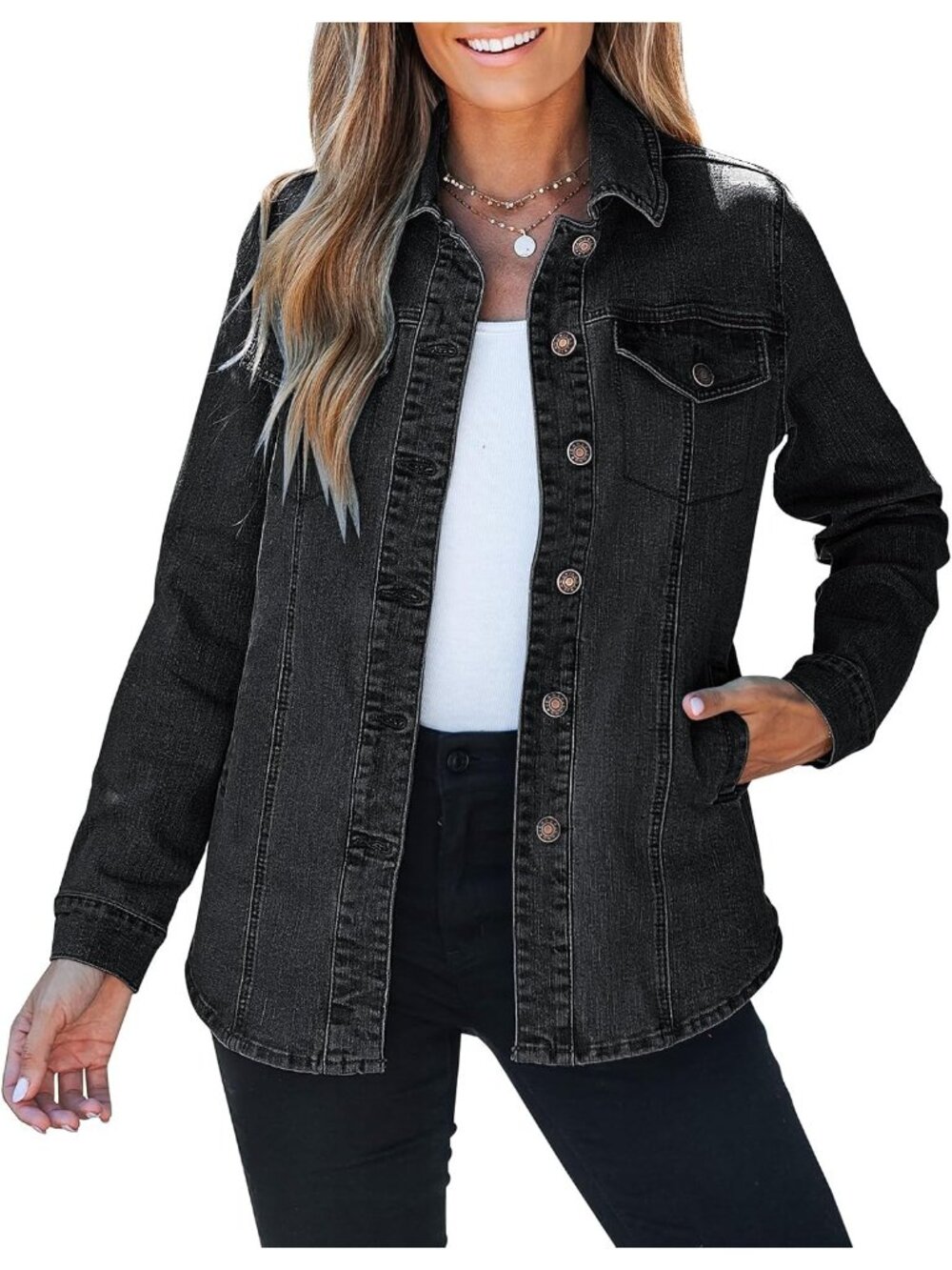 Women's Washed Black Long Sleeve Button Up Pocket Jean Denim Shacket Jacket